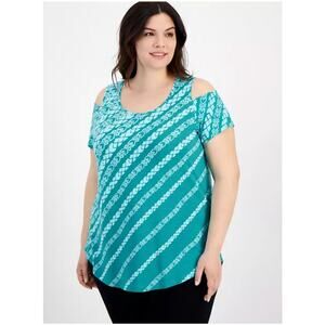 JM Collection Dissipating Etch Cold-Shoulder Lightweight Soft Aqua Top Size L